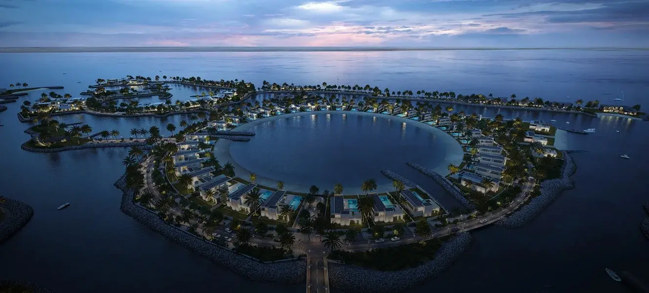Luxury island villa at Al Gurm with private swimming pool, Arabian Gulf access, and sustainable waterfront community design in Abu Dhabi.